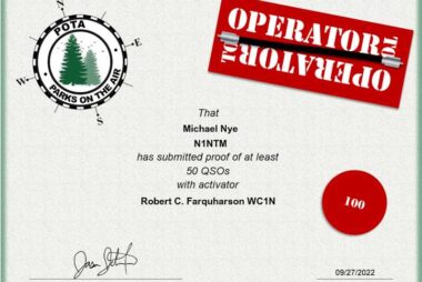 Congratulations! - POTA Operator To Operator Certificate For PAWA Team Members N1NTM / WC1N